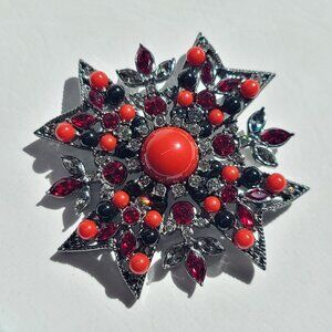Joan Rivers Maltese Cross Red Black Faux Coral Starburst Statement Brooch Pin
